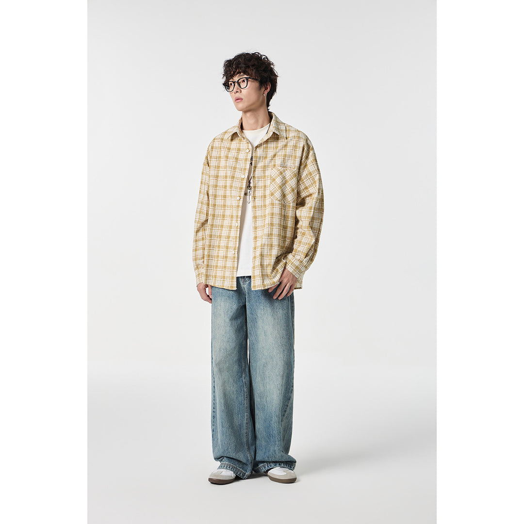 Unisex Oversize Karo-Hemdjacke aus leichter Baumwollmischung mit aufgesetzter Brusttasche Drune