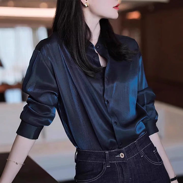 Damen Elegante satinierte Bluse mit Stehkragen Drune