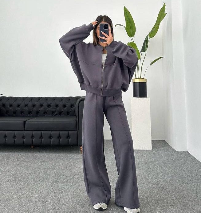 Damen nan Oversize Reißverschlussjacke mit weiter High-Waist Loungehose Set Drune