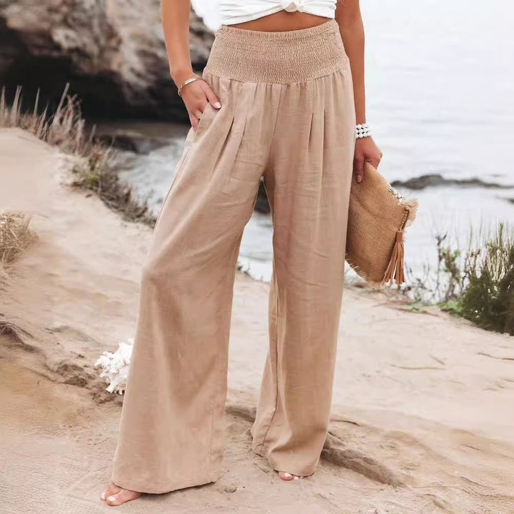 Frauen Weite Bein Smocked Hohe Taille Leinenmischung Hosen Drune