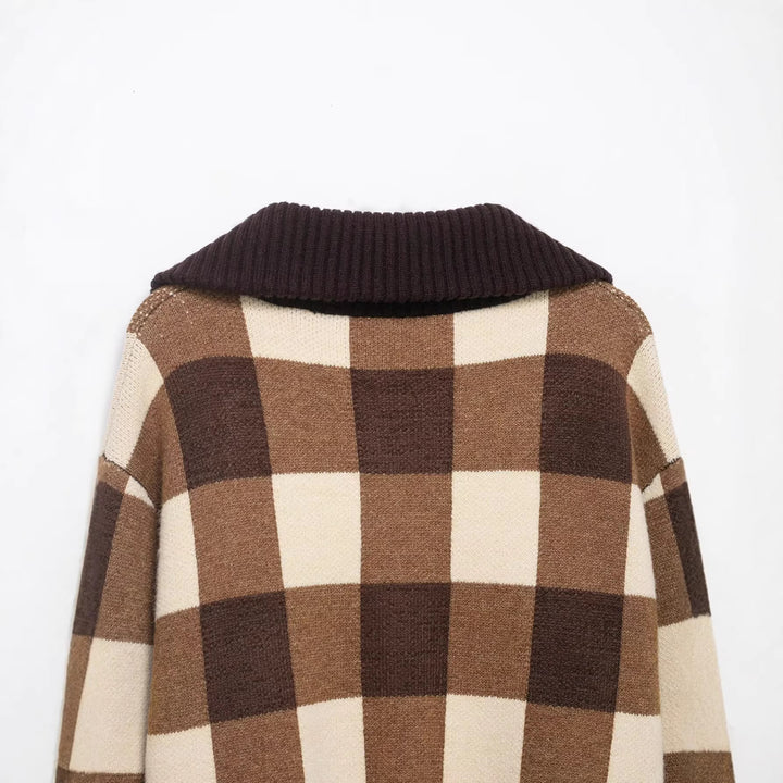 Damen Kariertes Strick-Cropped-Cardigan mit Reißverschluss und breitem Rippenkragen Drune