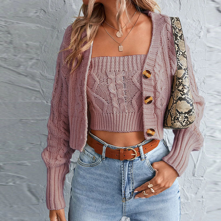 Damen lässiges Strick-Set mit offener Jacke und Crop-Top Drune
