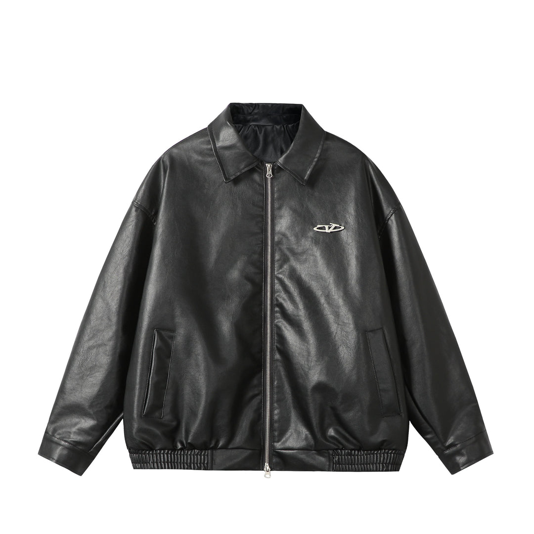 Damen Oversize Glattleder‑Optik Blousonjacke mit elastischem Saum und Metall‑Logo Drune
