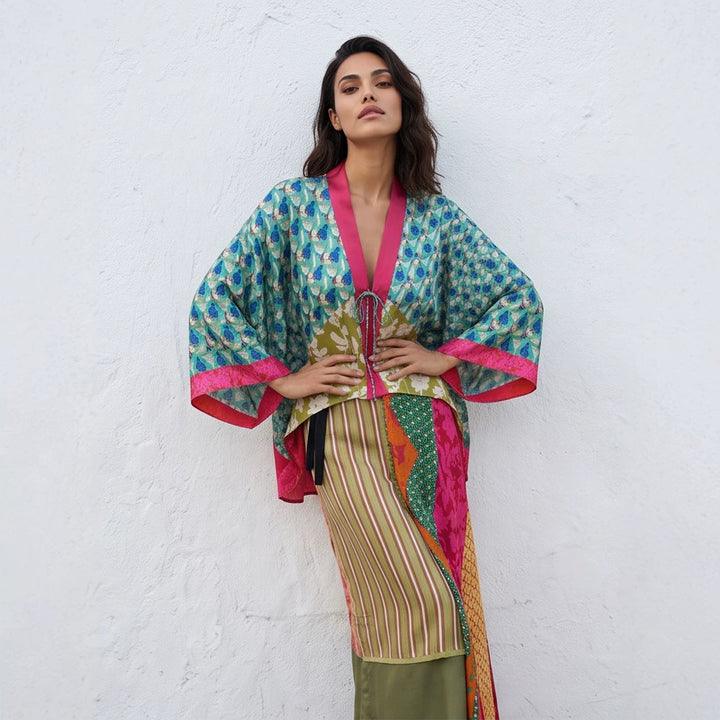 Damen Patchwork-Kimono-Top aus Seidenmix mit tiefem V‑Ausschnitt und Bindegürtel Drune