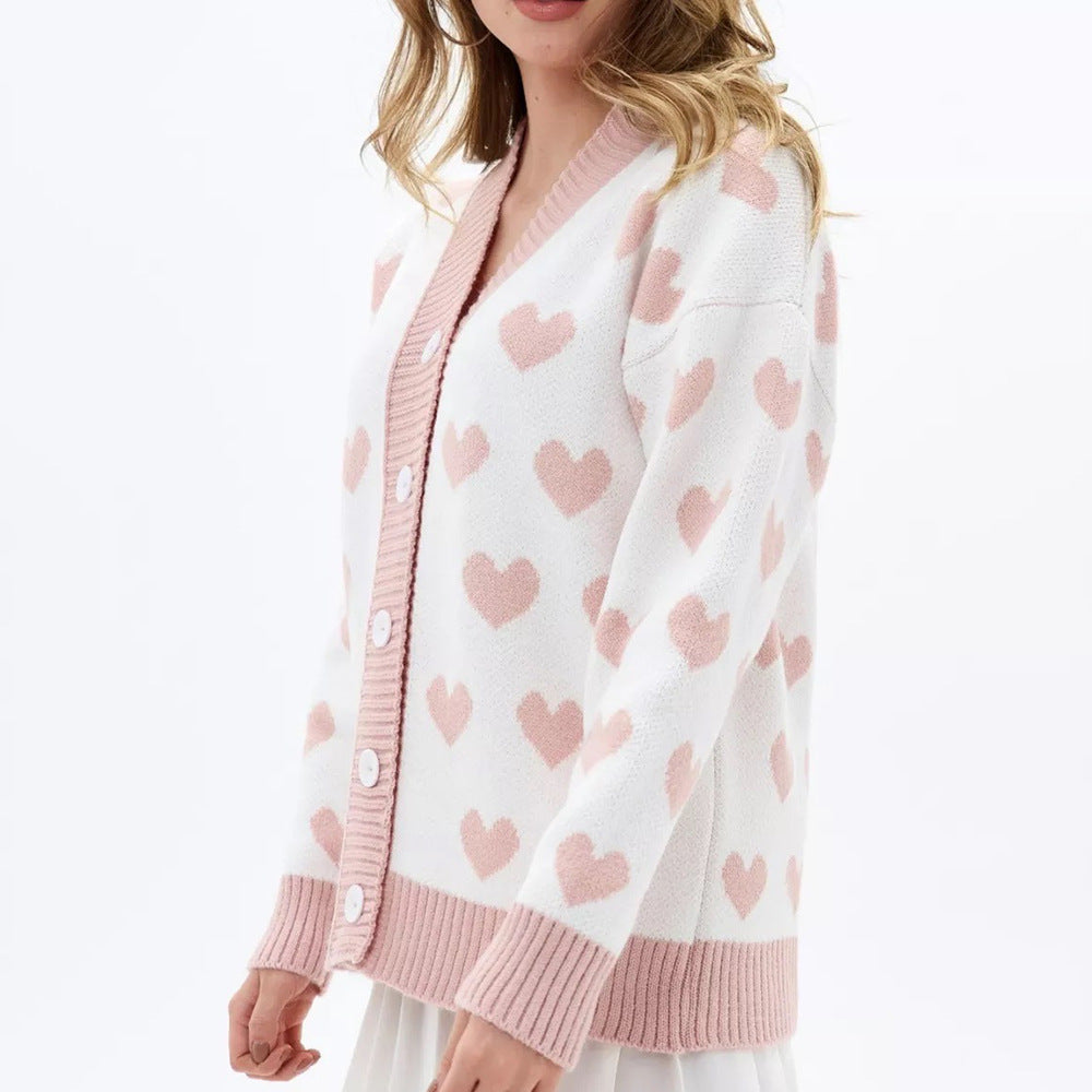 Damen Strickjacke mit Herzmuster und Knopfdetails Drune