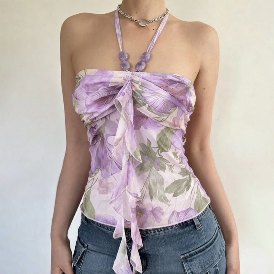 Damen Spaghetti-Trägertop mit floralen Einsätzen und transparenten Rüschen Drune