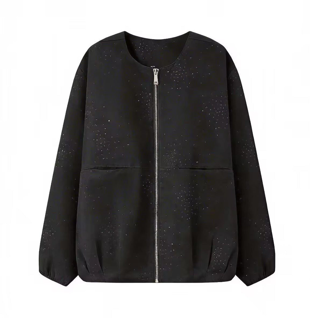 Damen Boxy‑Blouson mit Rundhals, Metallreißverschluss und dezentem Glitzerbesatz Drune