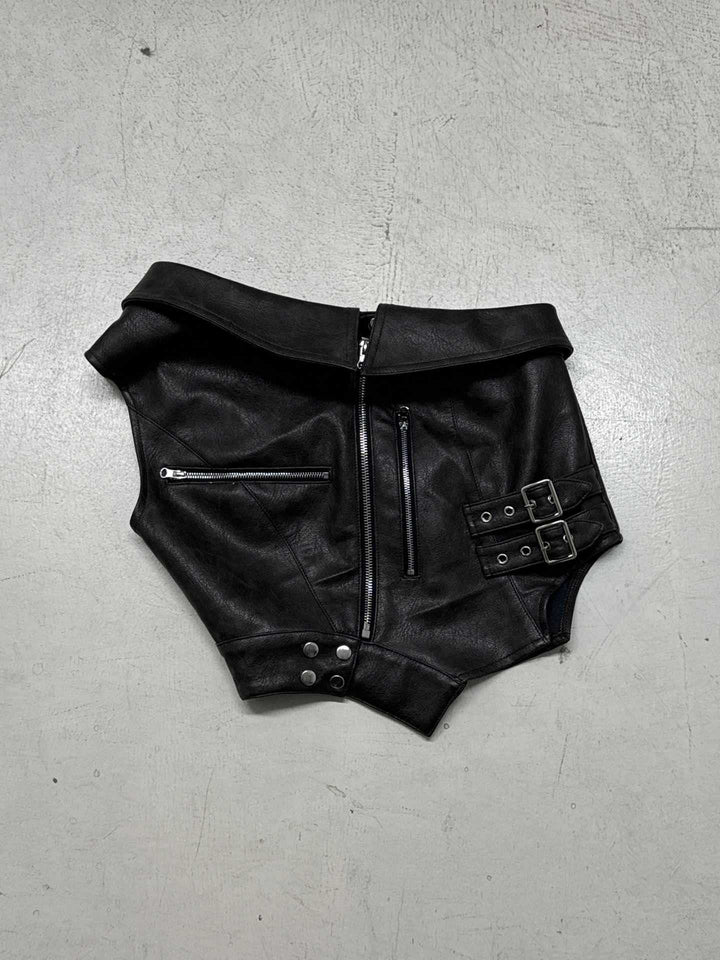 Damen hauteng geschnittene Kunstleder-Hotpants mit verstellbaren Schnallen Drune