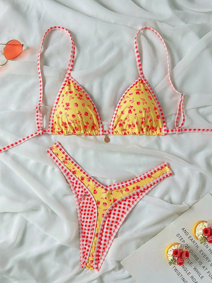 Damen Triangel-Bikini mit Rüschendetails und Karomuster Drune