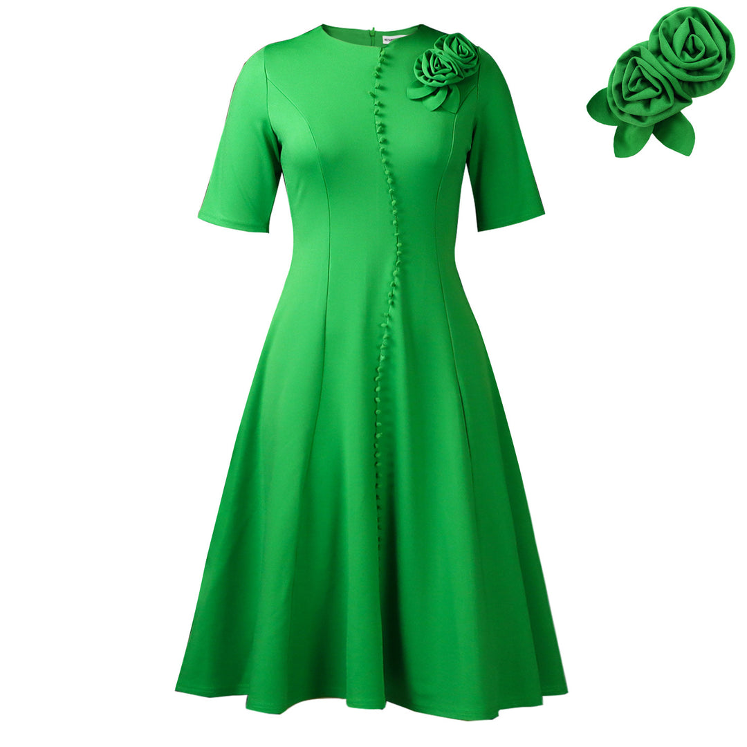 Damen A-Linien Kleid mit eleganten Knopfdetails und floralem Accessoire Drune