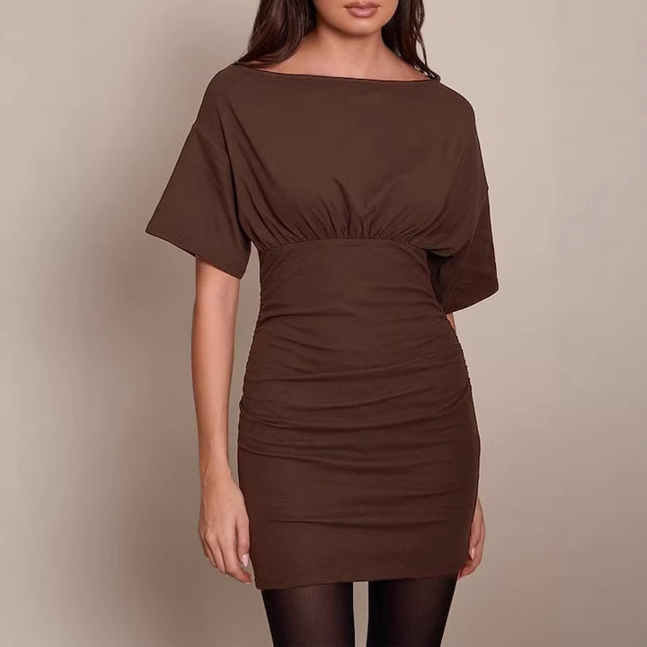 Damen Figurnahes Mini-Kleid mit U‑Boot‑Ausschnitt, Taillenraffung und Fledermausärmeln Drune
