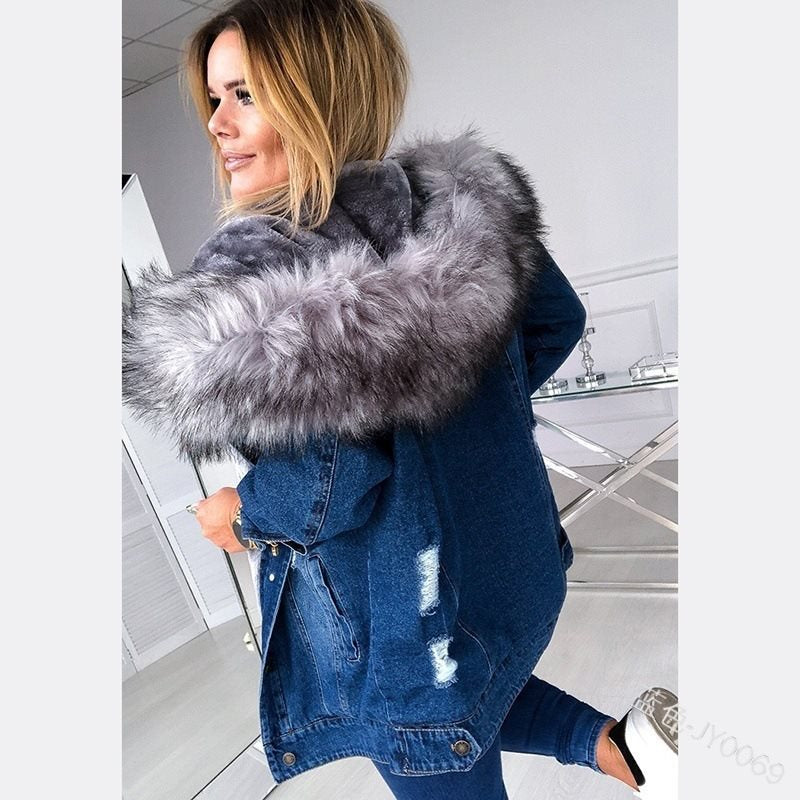 Damen Oversize Denim-Parka mit abnehmbarem Kunstpelzkragen und Used-Effekt Drune