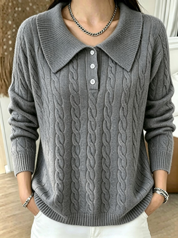 Damen Kabelstrick-Polo-Pullover mit großem Umlegekragen und lockerer Silhouette Drune
