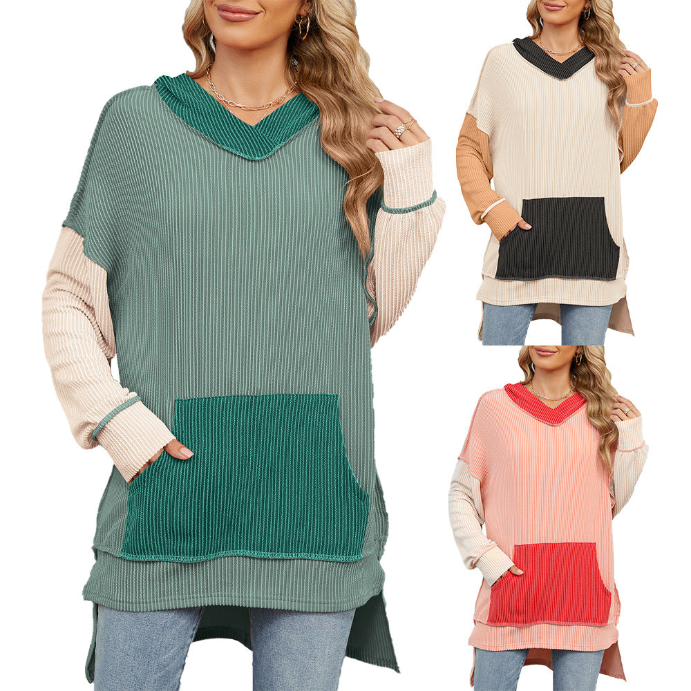 Damen lässiger Longpullover mit Kapuze und seitlicher Tasche Drune