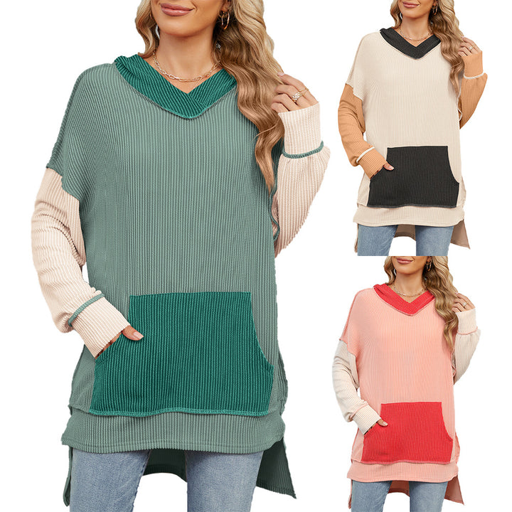 Damen lässiger Longpullover mit Kapuze und seitlicher Tasche Drune