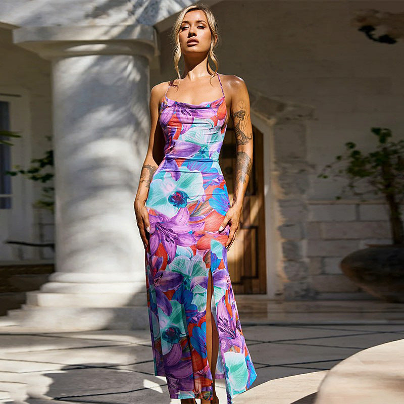 Damen Maxikleid mit floralem Druck und sexy hohem Schlitz Drune