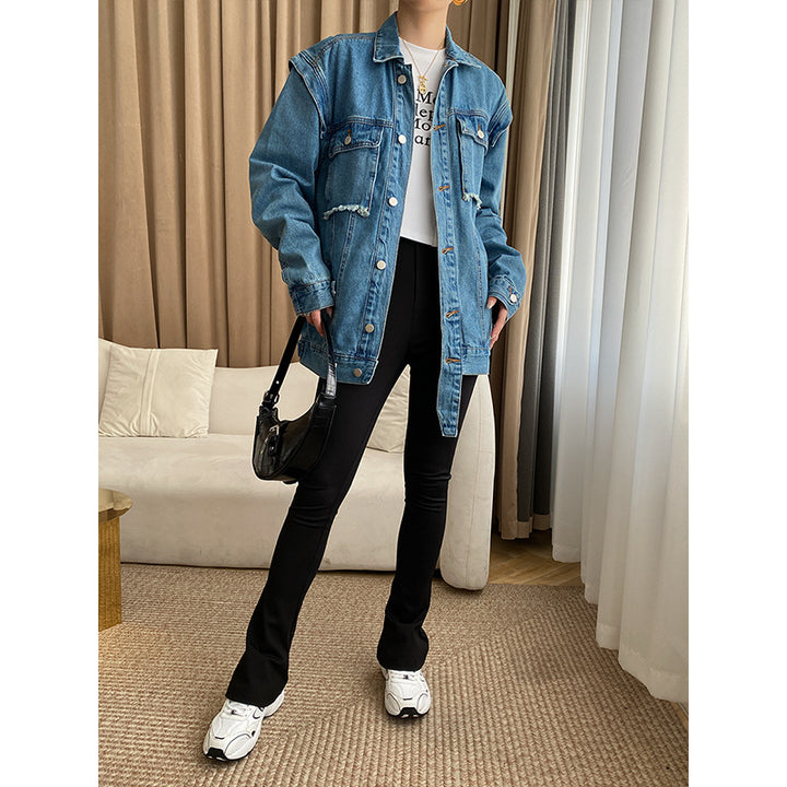 Damen lässige Denim-Übergangsjacke mit modischen Knopfdetails und aufgesetzten Taschen Drune