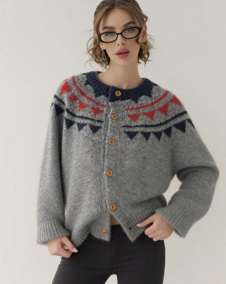Damen kuscheliger Strickcardigan mit grafischem Norweger-Muster und Holzknopfdetails Drune
