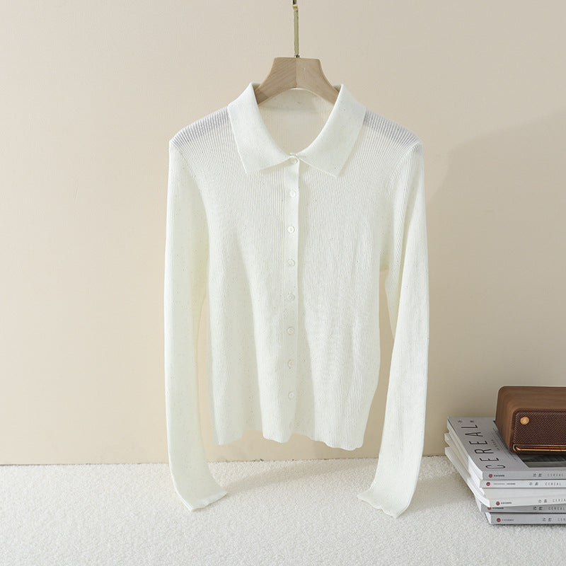Damen Feinstrick-Cardigan mit Polokragen, Knopfleiste und dezentem Glitzereffekt Drune