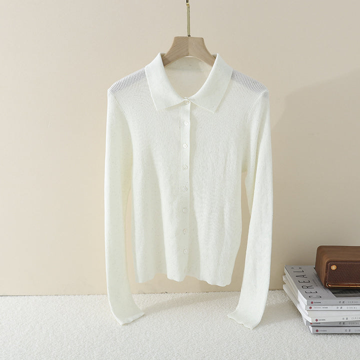 Damen Feinstrick-Cardigan mit Polokragen, Knopfleiste und dezentem Glitzereffekt Drune