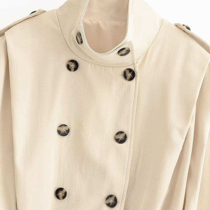 Damen Cropped Doppelreihige Trenchjacke mit Stehkragen, Schulterriegeln und elastischem Saum Drune