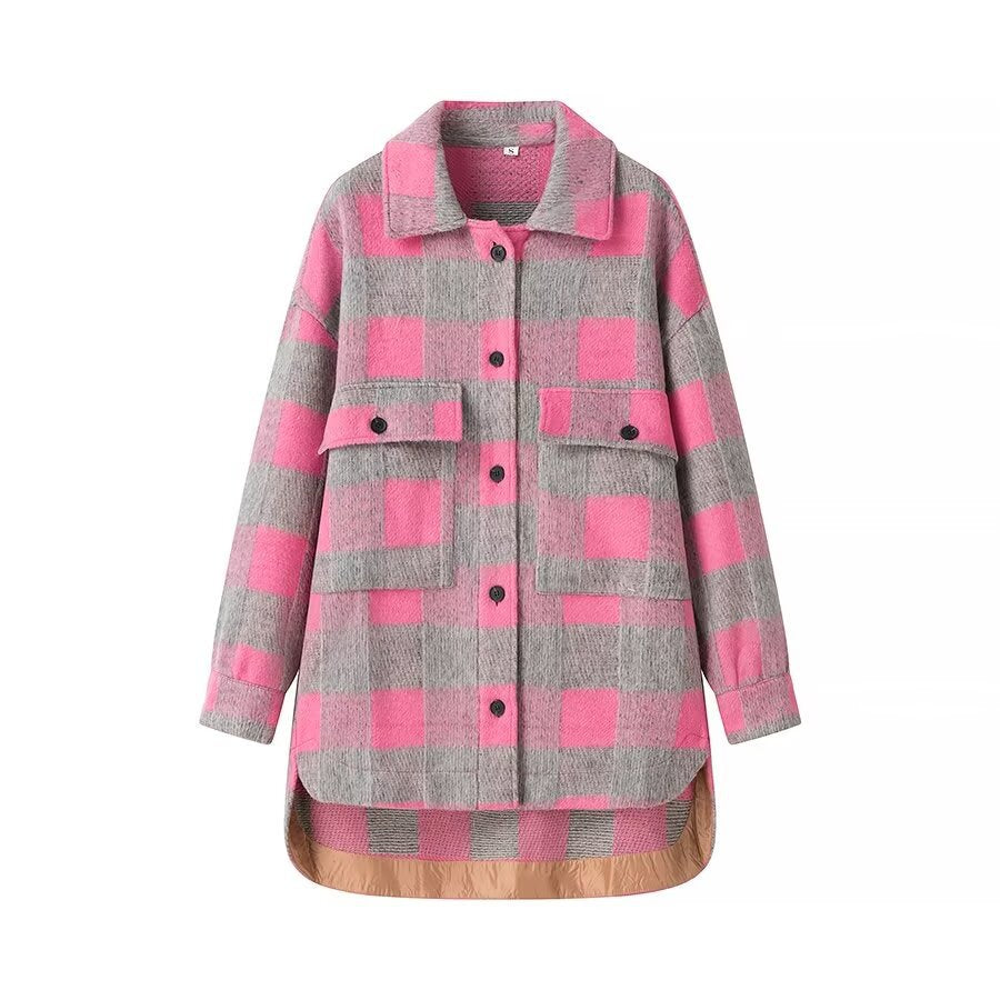 Damen nan oversized karierte Hemdjacke im Shacket-Stil mit aufgesetzten Pattentaschen und verlängertem Rundsaum Drune