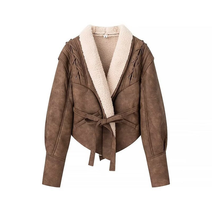 Damen Kurzjacke im Aviator‑Look mit Sherpa‑Futter, Bindegürtel und Schulter‑Schnürung Drune