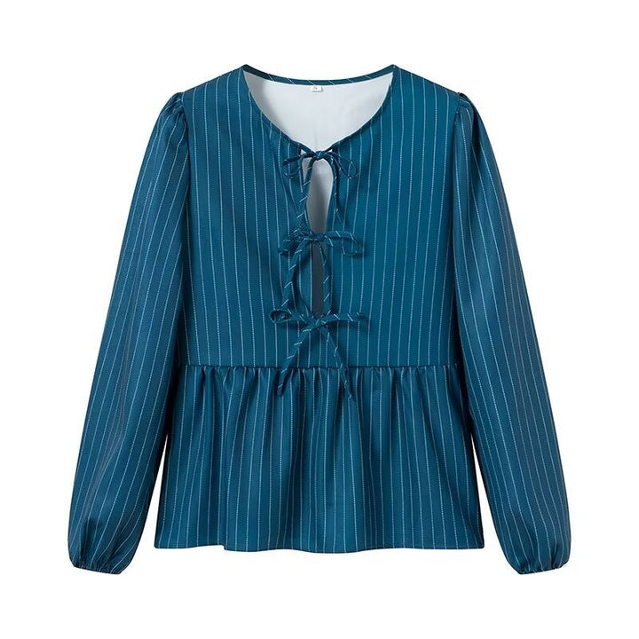 Damen Gestreifte Peplum‑Bluse mit vorderer Schnürung und langen Ballonärmeln Drune