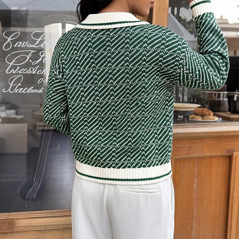 Damen Eleganter Pullover mit Polokragen und Zickzackmuster Drune