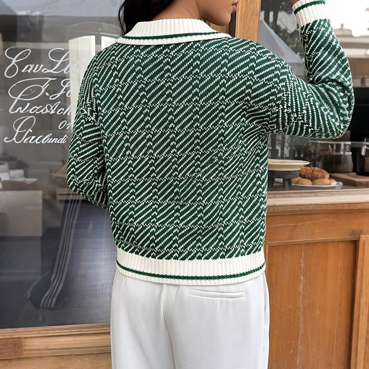 Damen Eleganter Pullover mit Polokragen und Zickzackmuster Drune