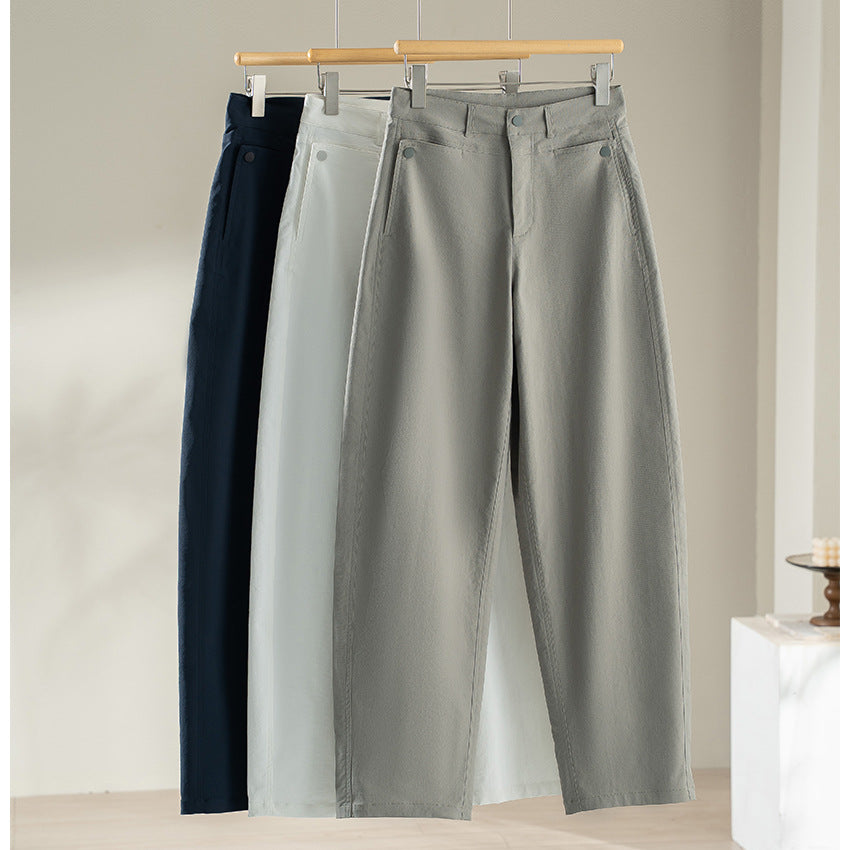 Damen hochtaillierte weite Stoffhose mit geradem Bein, Komfortbund und Eingrifftaschen Drune