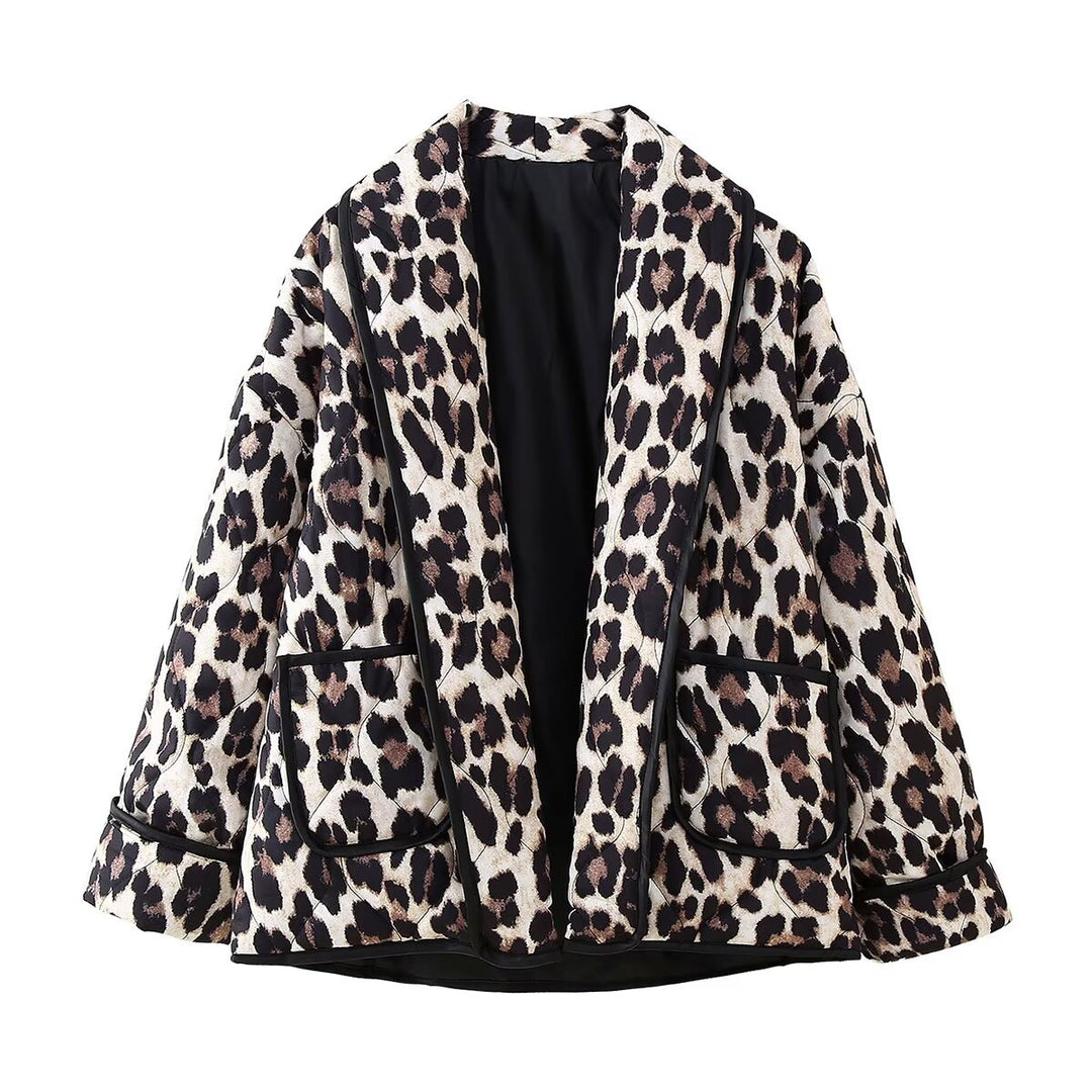 Damen Gefütterte Kimono-Jacke mit Leopardenmuster, Oversize-Schnitt und aufgesetzten Taschen Drune