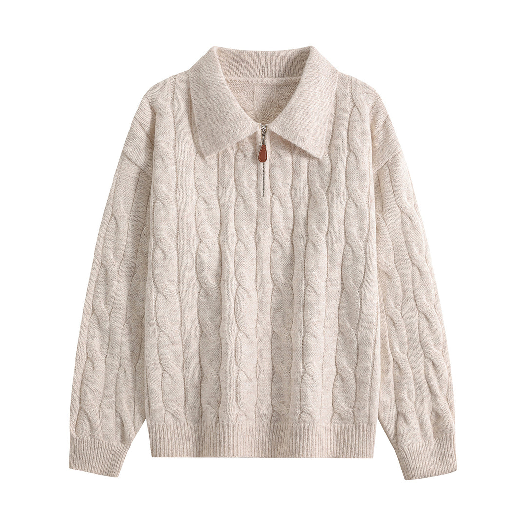 Damen Grobgestrickter Troyer-Pullover mit Halbreißverschluss & Oversize-Kragen Drune