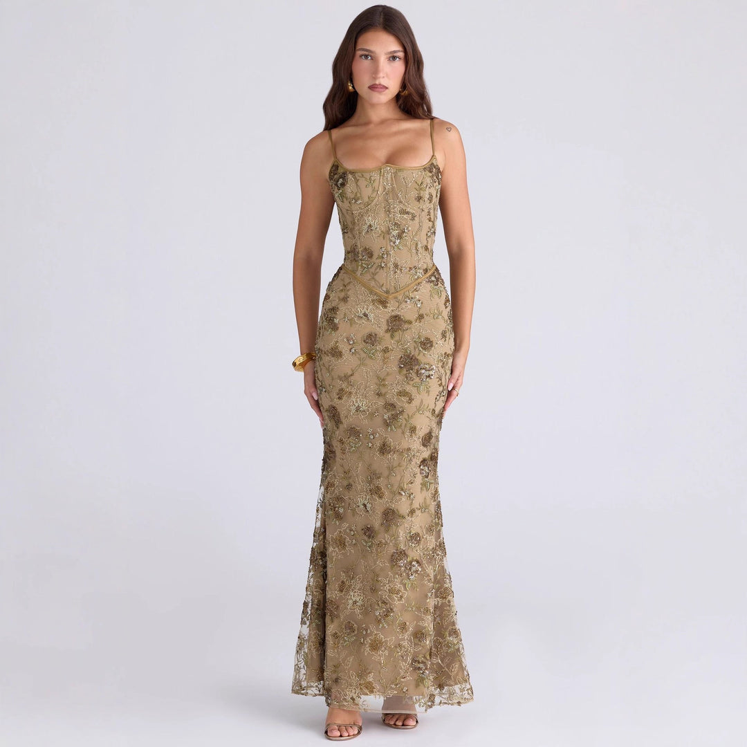 Damen nan elegantes besticktes Abendkleid mit Korsettoberteil und transparentem Spitzenüberzug Drune