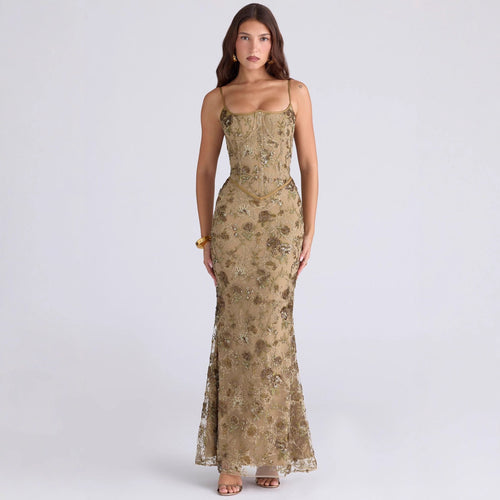 Damen nan elegantes besticktes Abendkleid mit Korsettoberteil und transparentem Spitzenüberzug Drune