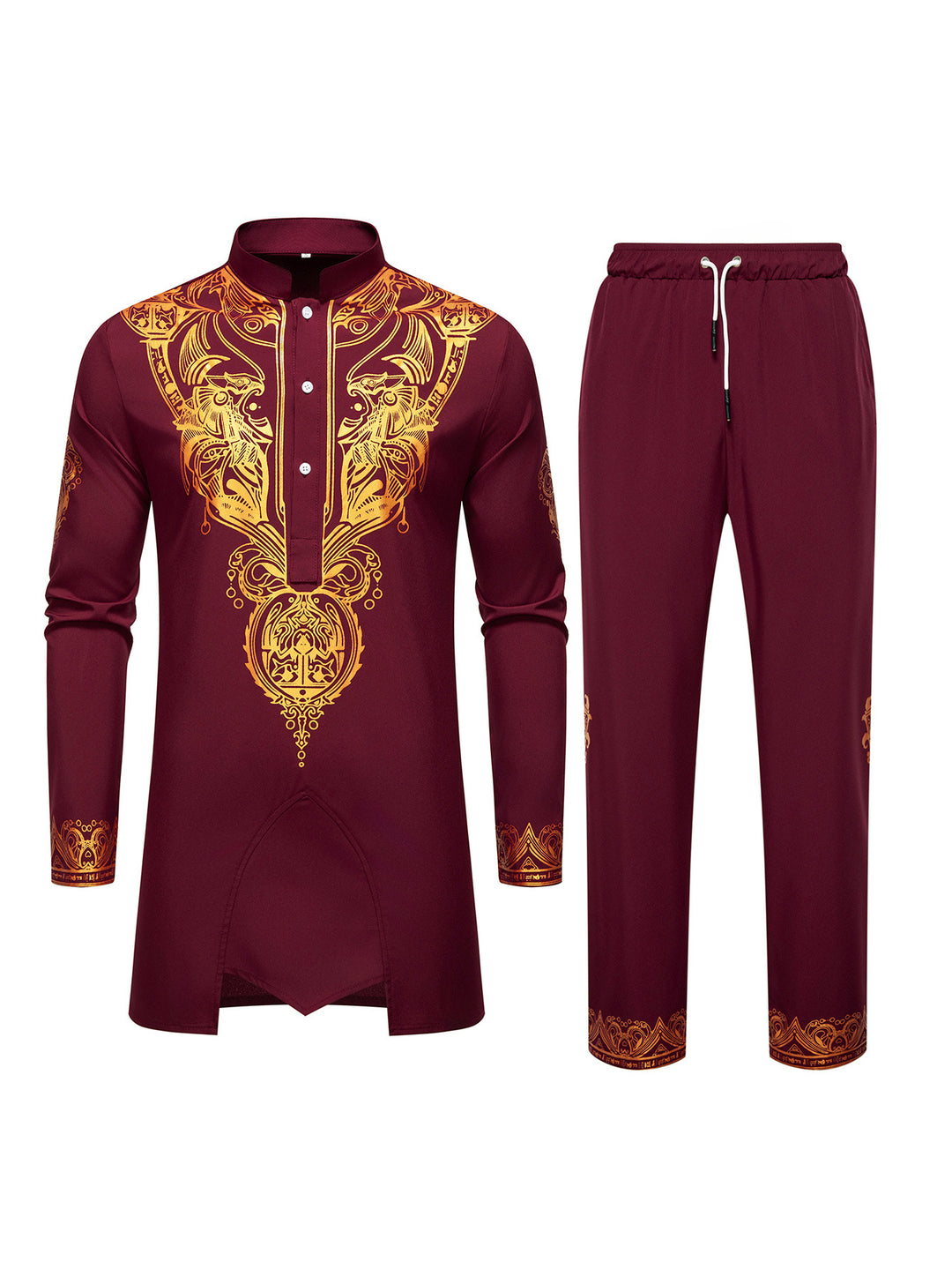 Herren Ornamentales Tunika-Set mit Stehkragen, Halbknopfleiste und goldverziertem Print Drune
