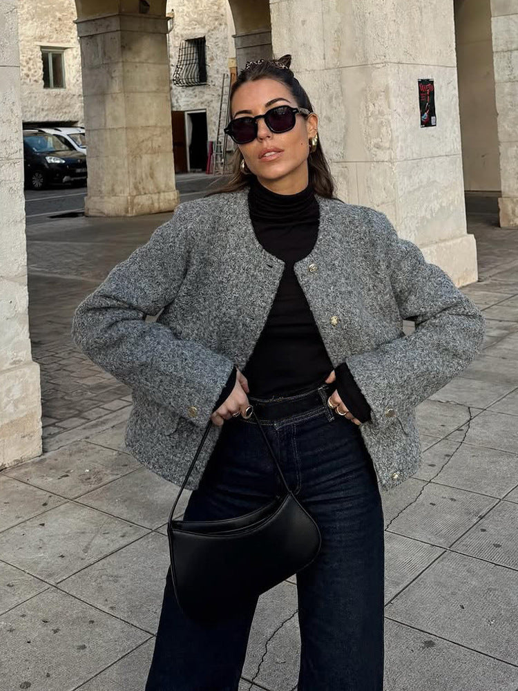 Damen Boxy Wollmix-Boucléjacke im Cabanstil mit Rundhalsausschnitt & goldfarbenen Zierknöpfen Drune