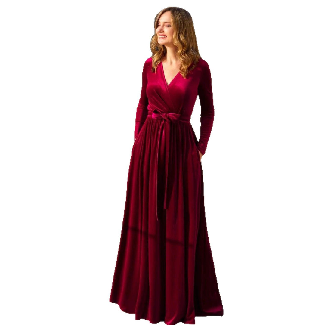 Damen nan elegantes Wickelmaxikleid aus Samt mit V-Ausschnitt, Taillengürtel und seitlichen Eingrifftaschen Drune