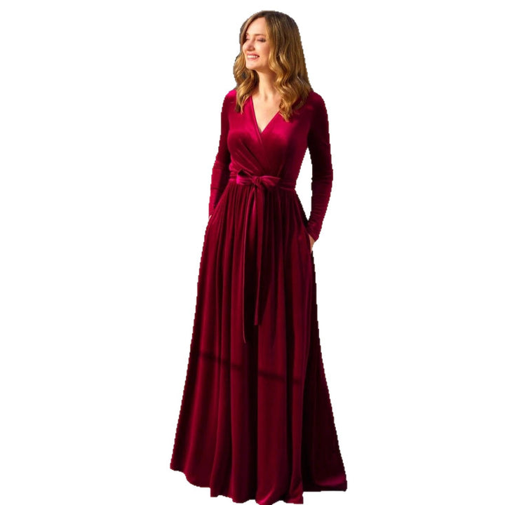 Damen nan elegantes Wickelmaxikleid aus Samt mit V-Ausschnitt, Taillengürtel und seitlichen Eingrifftaschen Drune