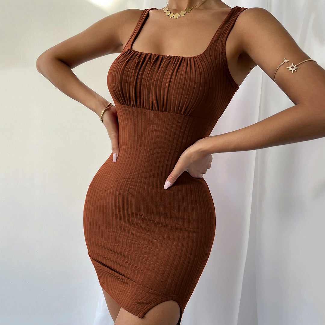 Damen figurbetontes Rippkleid mit quadratischem Ausschnitt und hohem Schlitz Drune