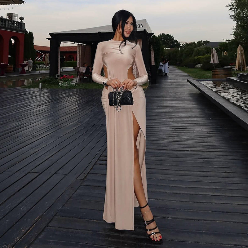 Damen Elegantes Maxikleid mit raffinierten Seitenschlitzen und langen Ärmeln Drune