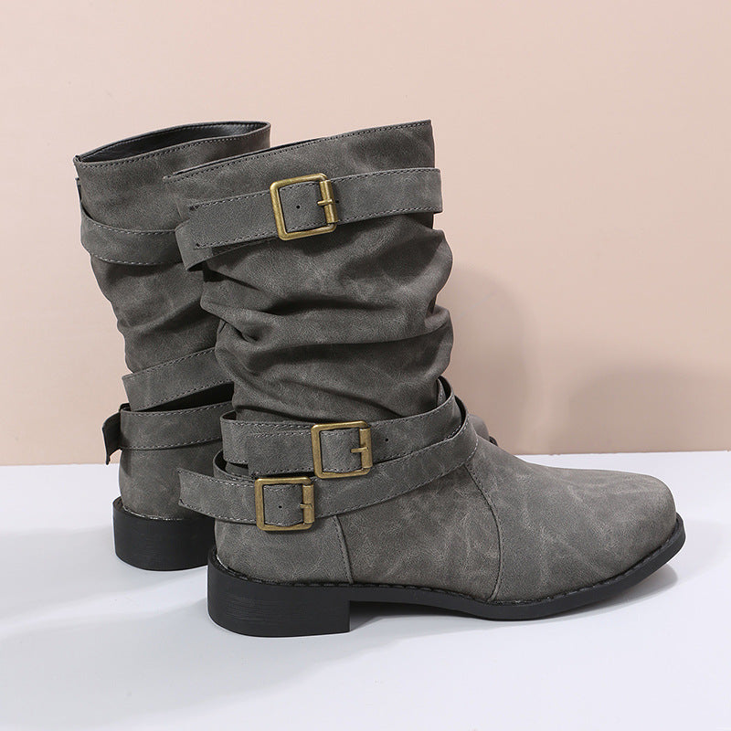 Damen modische Stiefeletten mit stylishen Schnallen und raffiniertem Falten-Design Drune