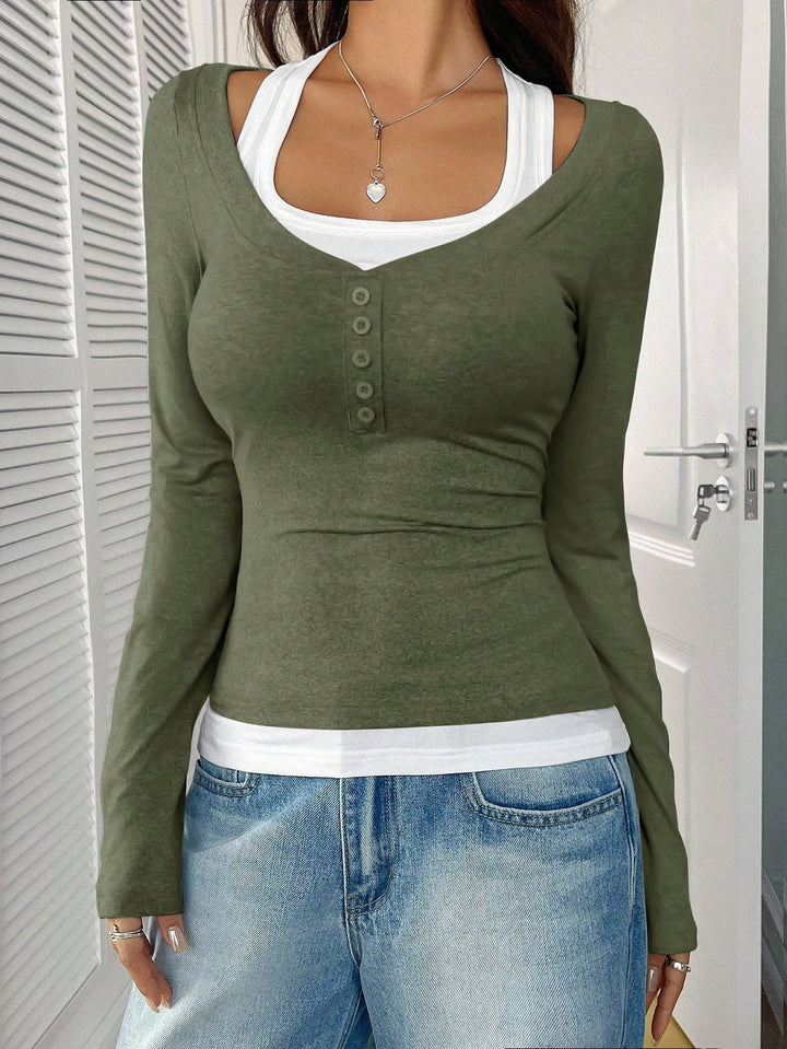 Damen Figurbetontes Langarmshirt mit U-Ausschnitt und Knopfleiste Drune