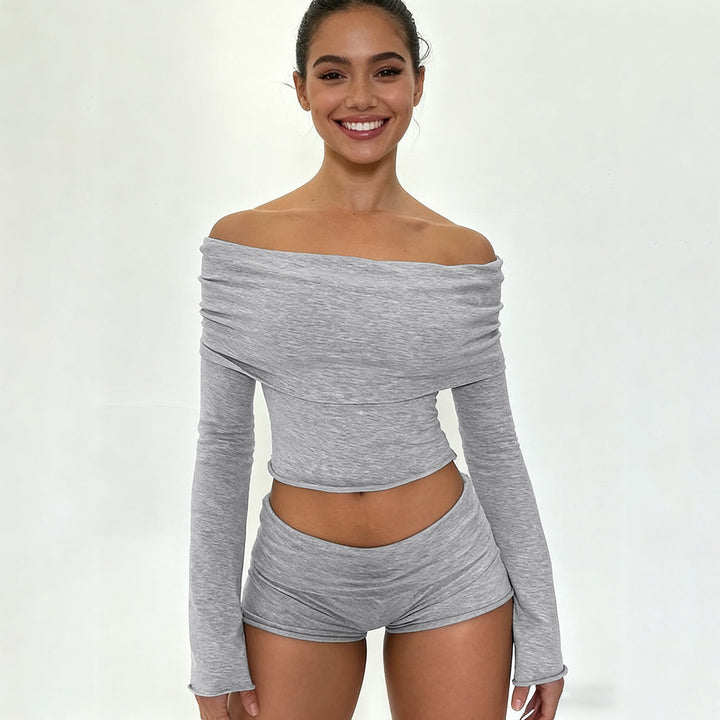 Damen nan Off-Shoulder Lounge-Set mit Langarm-Croptop und Highwaist-Shorts aus Stretchjersey Drune