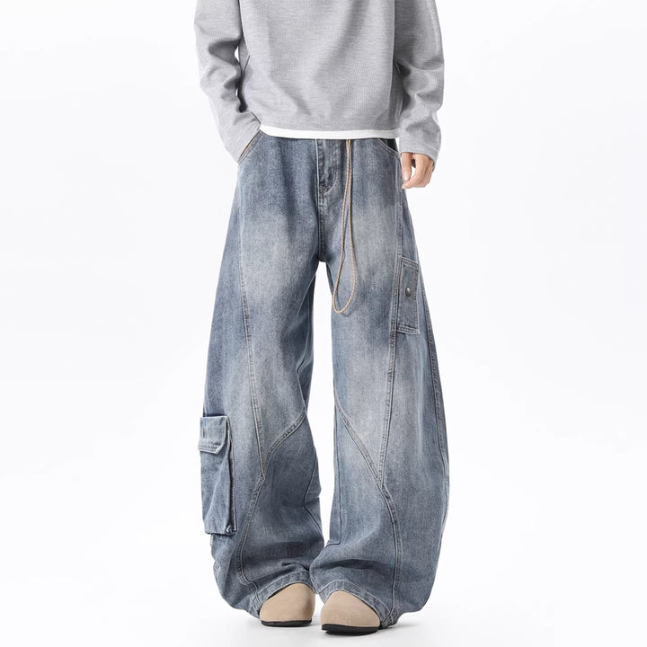 Damen Baggy-Cargo-Jeans aus gewaschenem Denim mit hoher Taille und Panelnähten Drune