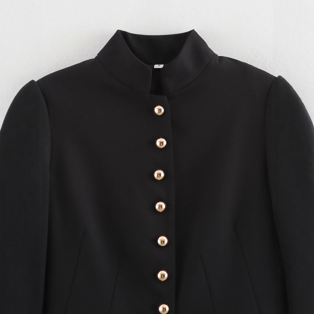 Damen elegante Jacke mit Stehkragen und goldenen Knopfdetails Drune