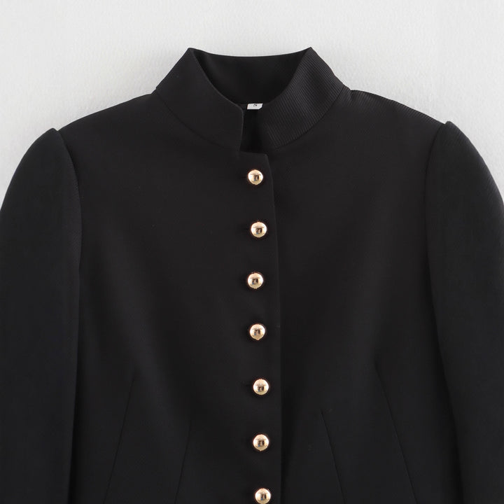 Damen elegante Jacke mit Stehkragen und goldenen Knopfdetails Drune