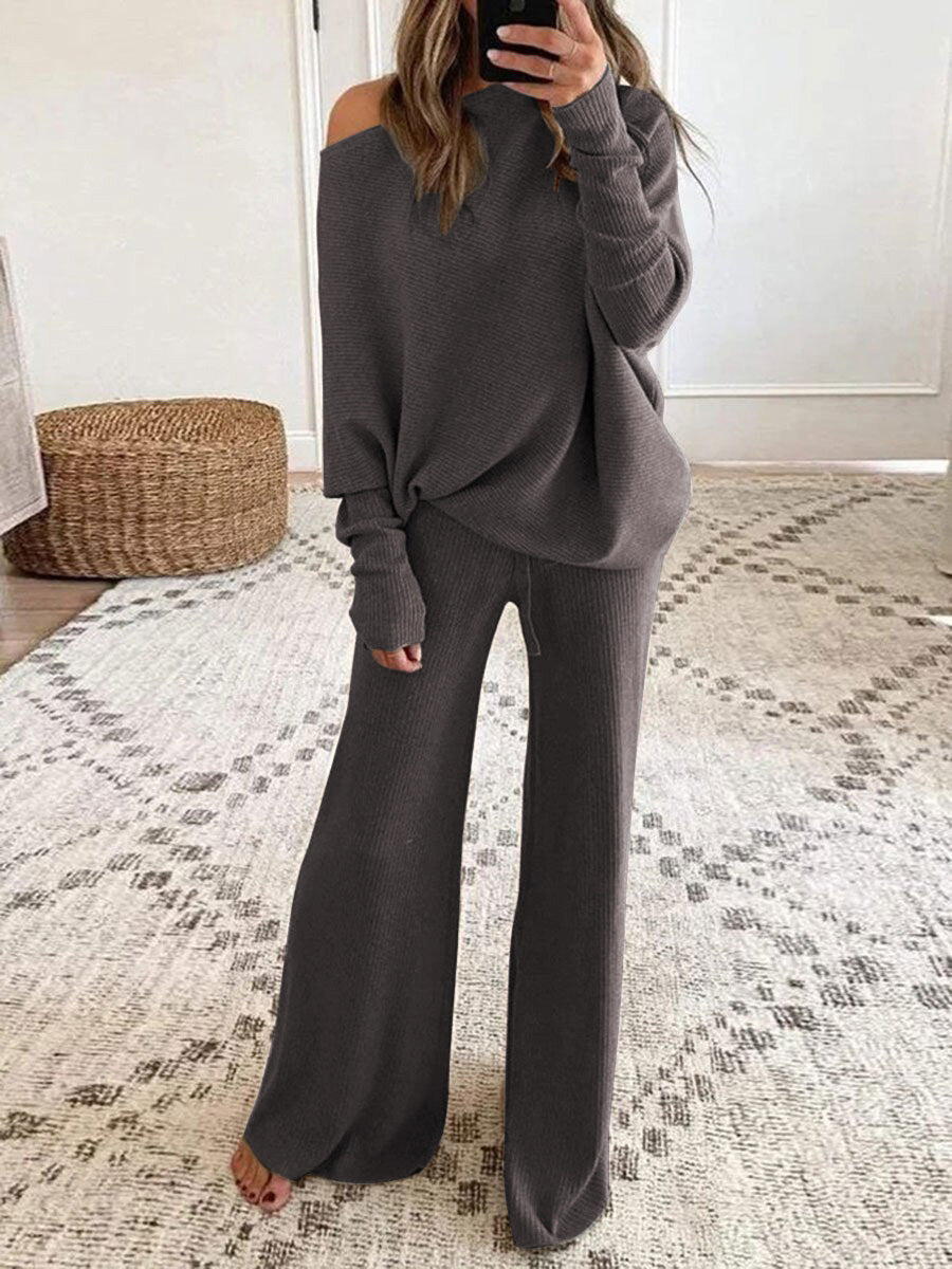 Damen Lässiges Strick-Loungewear-Set mit weitem Schnitt und off-shoulder Oberteil Drune