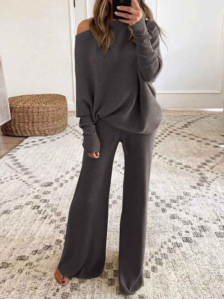 Damen Lässiges Strick-Loungewear-Set mit weitem Schnitt und off-shoulder Oberteil Drune