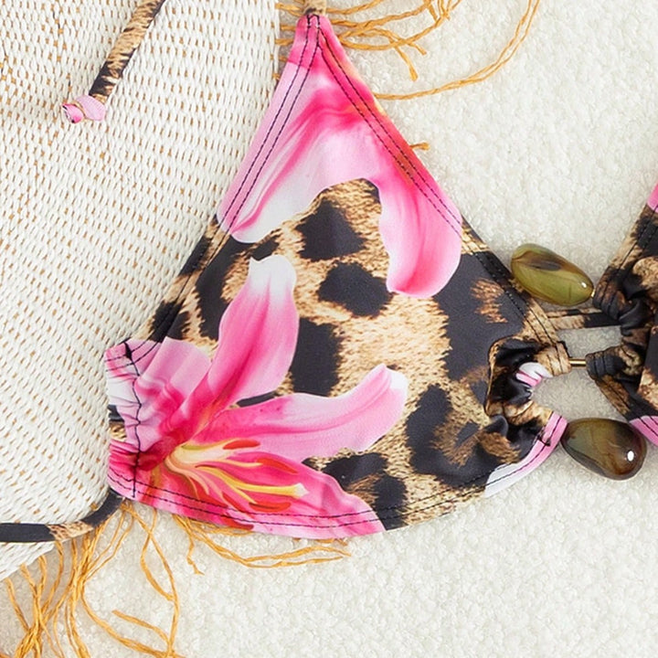 Damen Triangel-Bikini-Set mit floralem Leo-Muster Drune